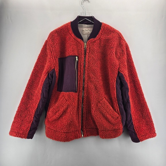 We The Free People Rivington Red Purple Sherpa Fleece Bomber Jacket Womens Small - Picture 3 of 12